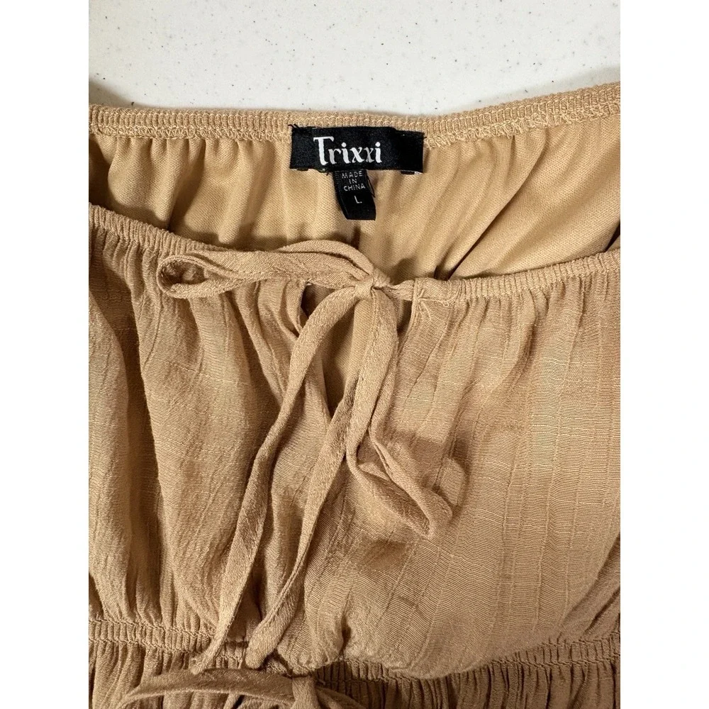 Trixxi Mini Dress Sz L Tan Ruffled Tiers Short Sleeve Flirty Coquette Y2k Party - Picture 13 of 14
